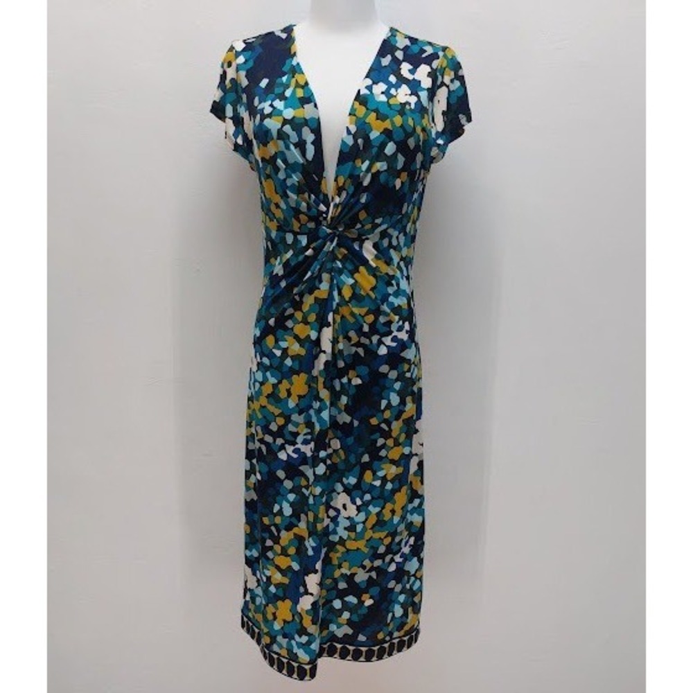 BCBGMAXAZRIA Midi Dress Women's Twist Front Abstract Mosaic Small Blue Mosaic